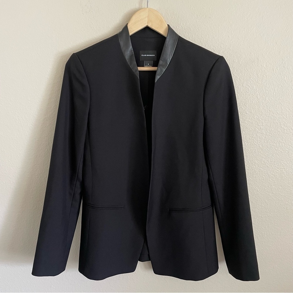 Club Monaco Wool Blend Black Blazer with Leather Trim Size 6